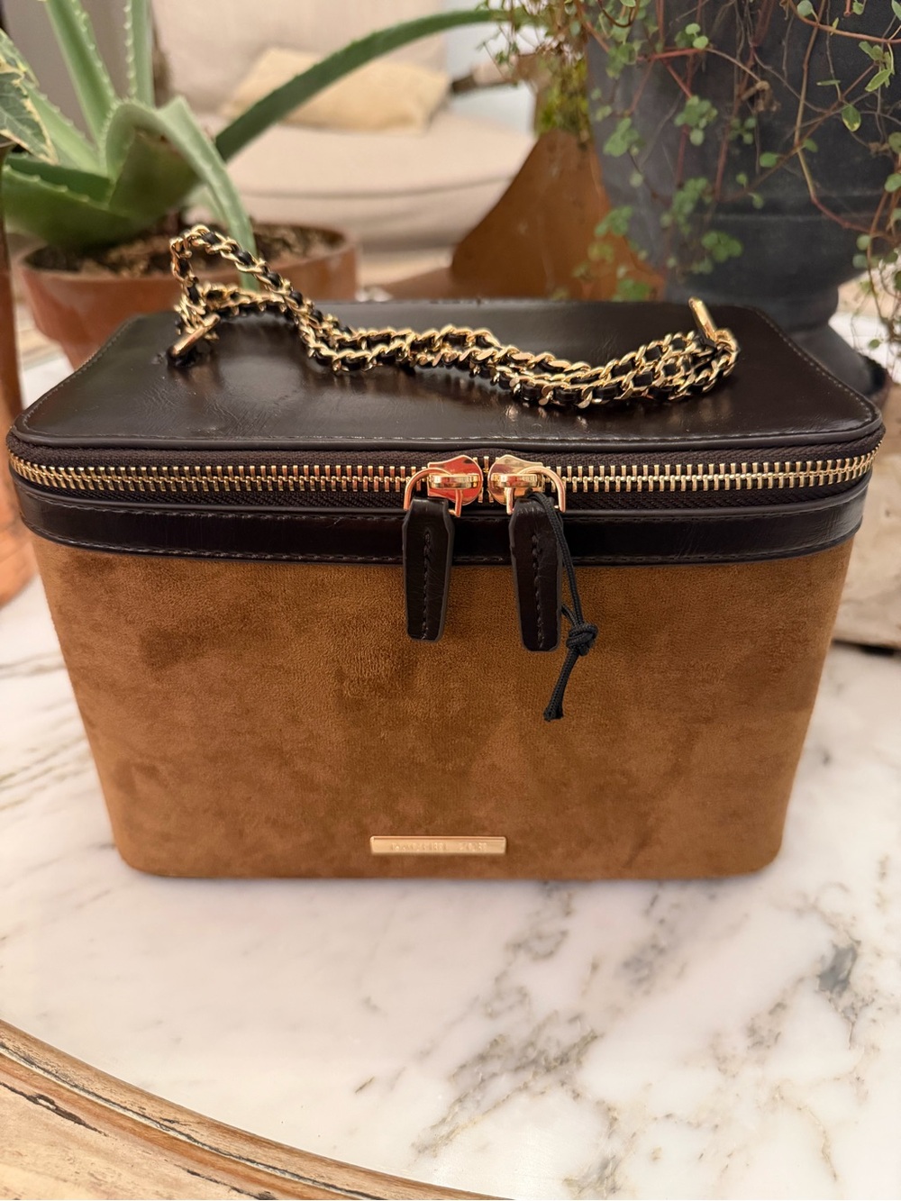 Rachel Zoe Brown Suede and Black Leather Vanity Bag with Gold Chain
